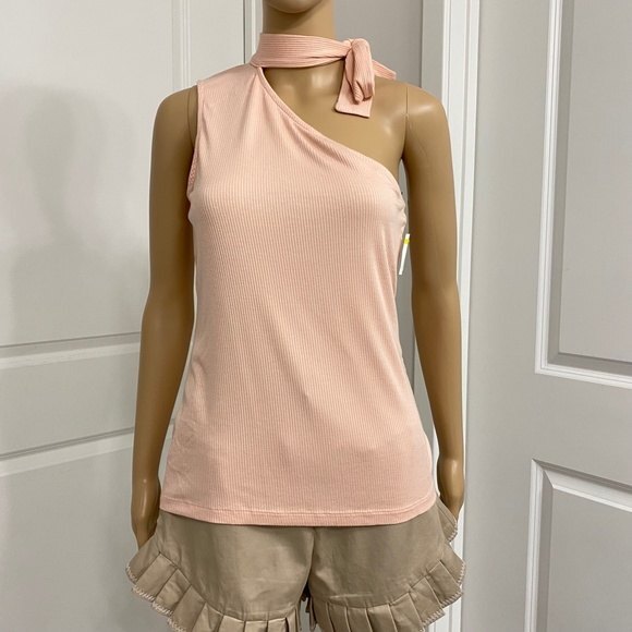 1. State The Artist Shadow One Shoulder Tie Neck Top. Pink. Small. Pastel - Picture 4 of 12